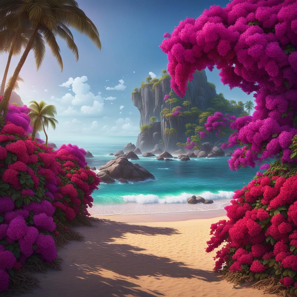 Tropical Beach with Bougainvillea in Detailed Painting Style