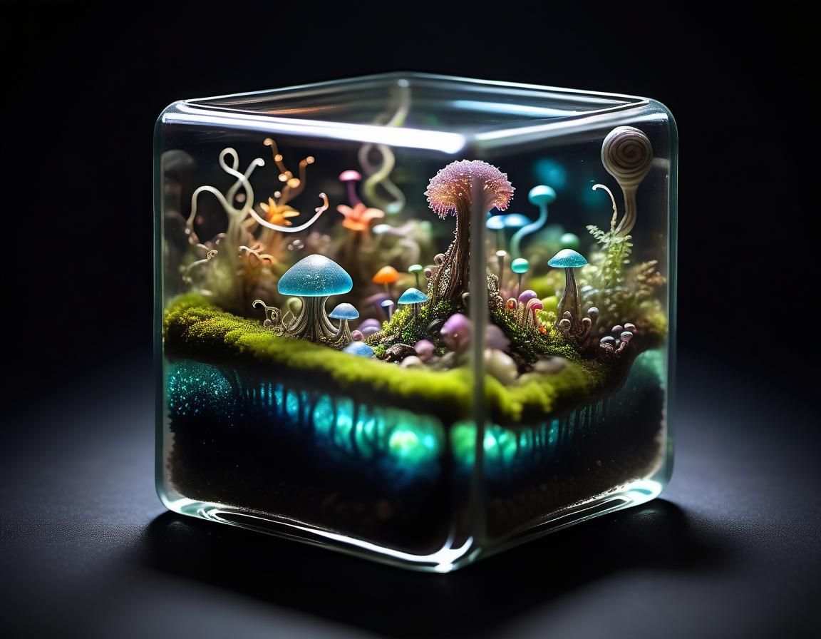 Bioluminescent Lilliputian World in Glass Terrarium