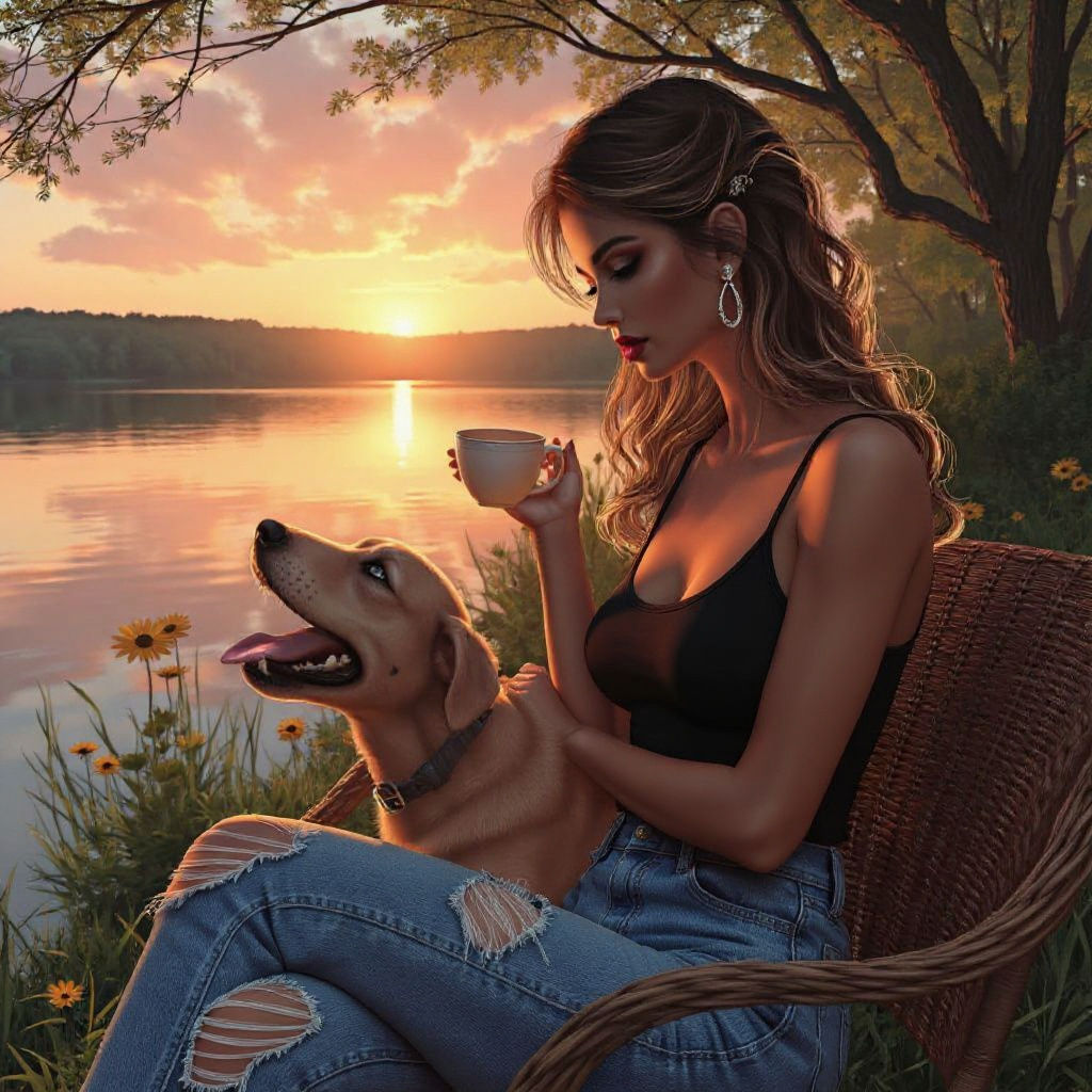 Woman and Dog at Lake House Sunrise