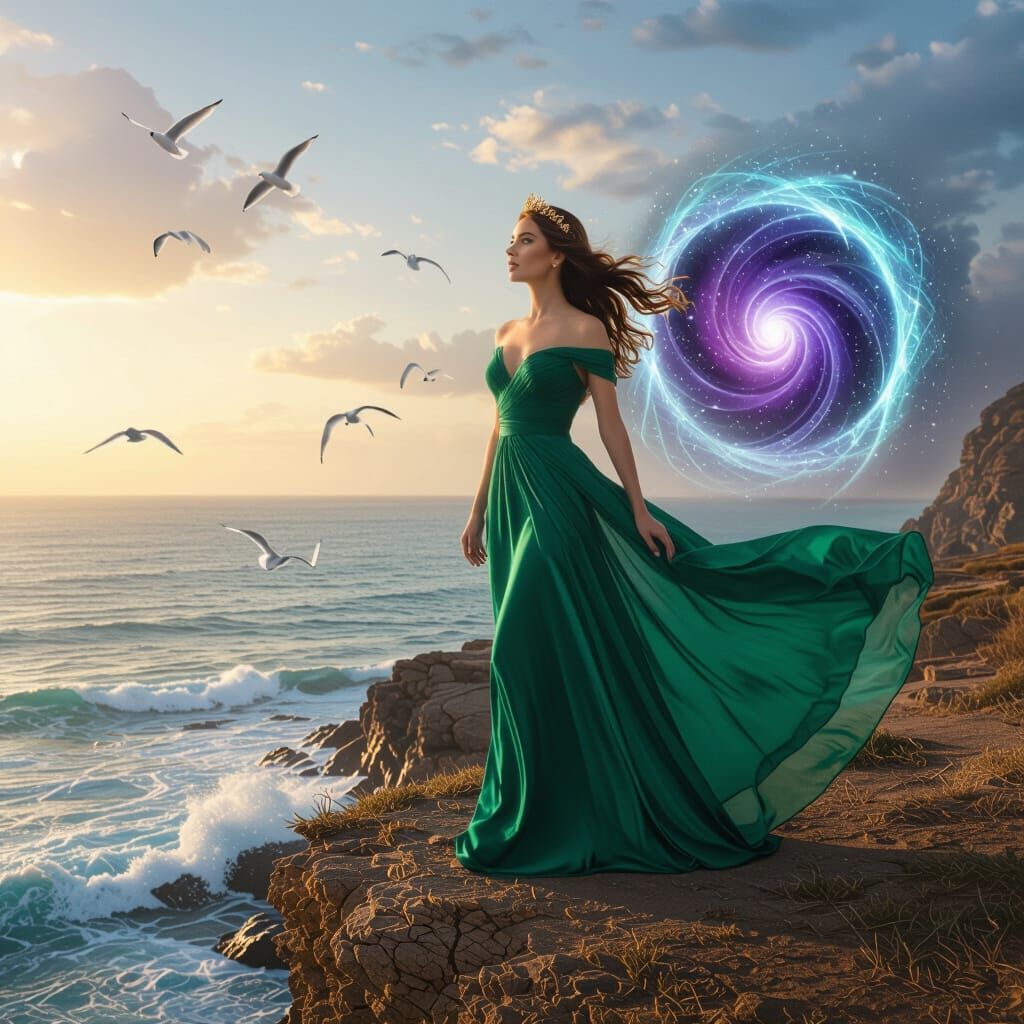 Woman in Emerald Dress on Cliff, Magical Portal