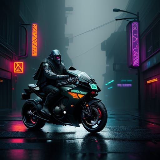Cyberpunk Wizard Rides Neon Motorcycle Through Rainy City