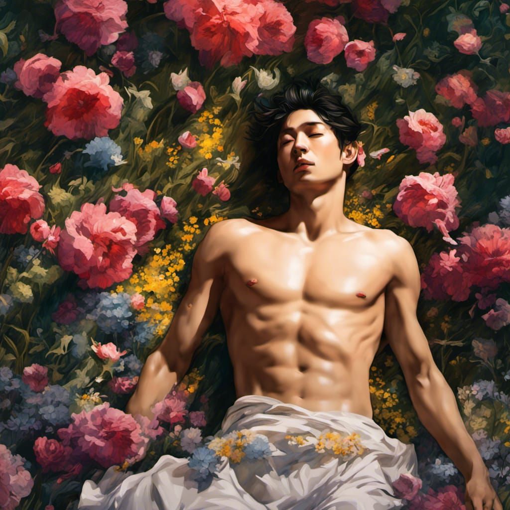 Shirtless Man Relaxing in Flower Field, Graffiti Art