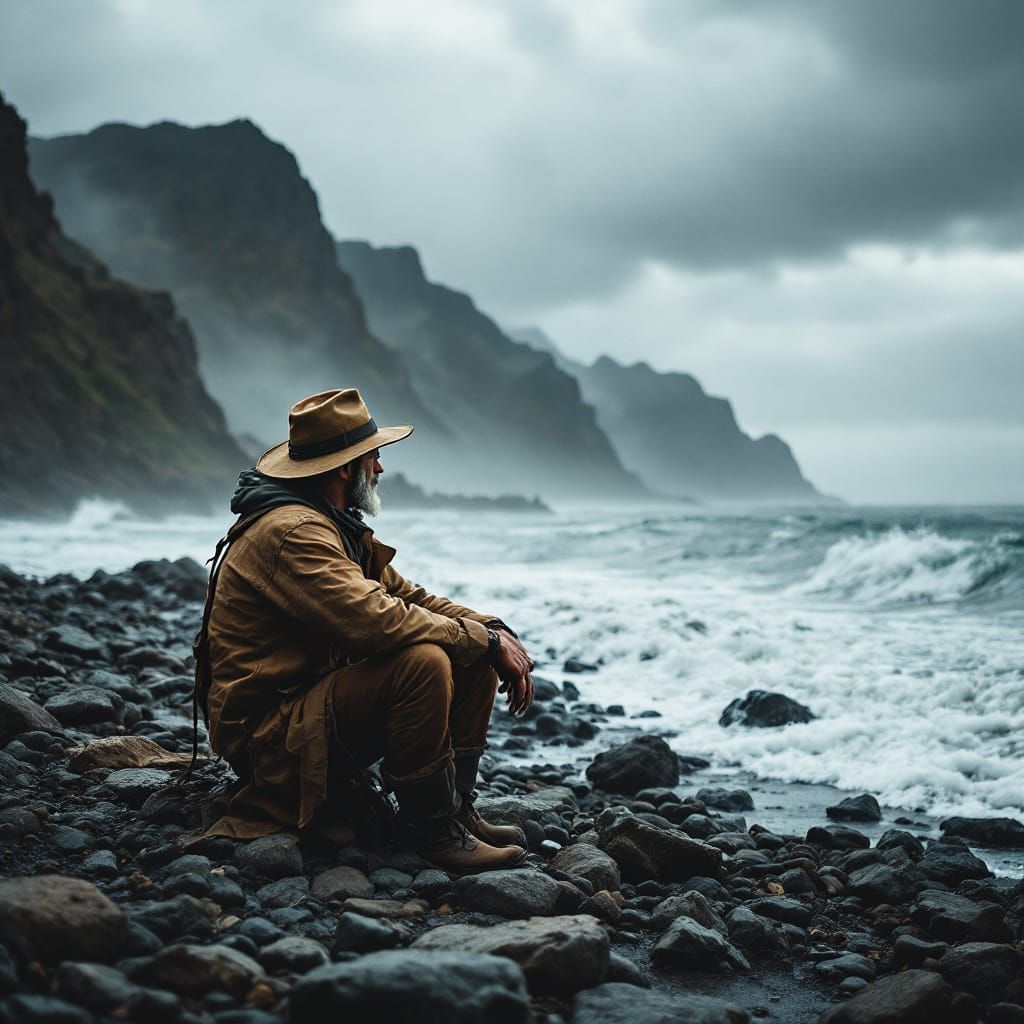 Contemplative Geologist on Stormy Ligurian Beach