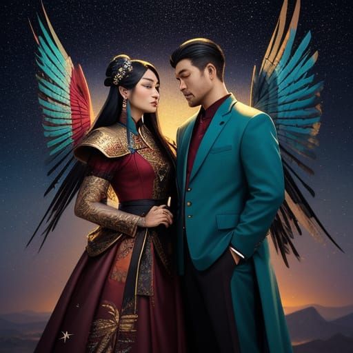 Majestic Couple with Wings in Vibrant Oil Painting