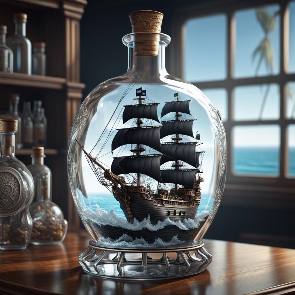 Pirate Ship in Crystal Bottle, Digital Illustration