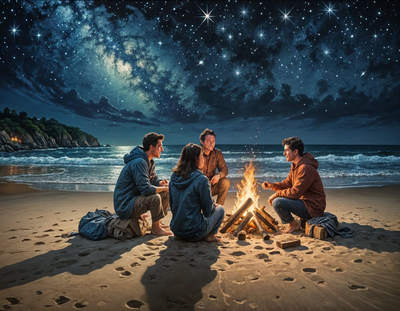 Beach Bonfire at Night: An Oil Painting