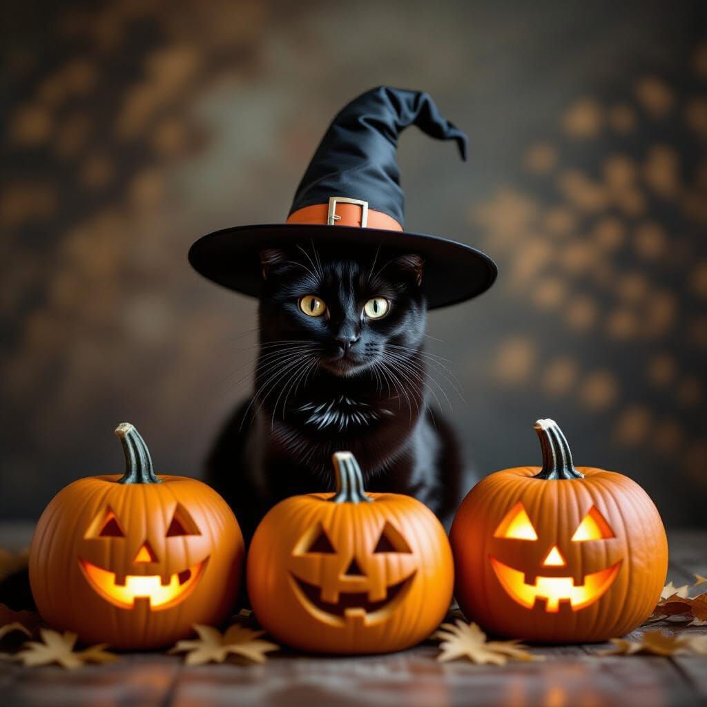 Black Cat in Witch Hat with Pumpkins Realistic Photo