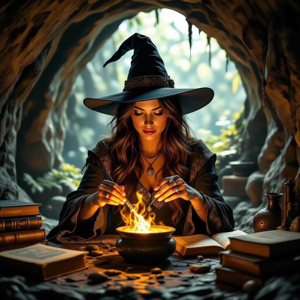 Vintage Pulp Witch Brewing Spell in Secret Cave Art