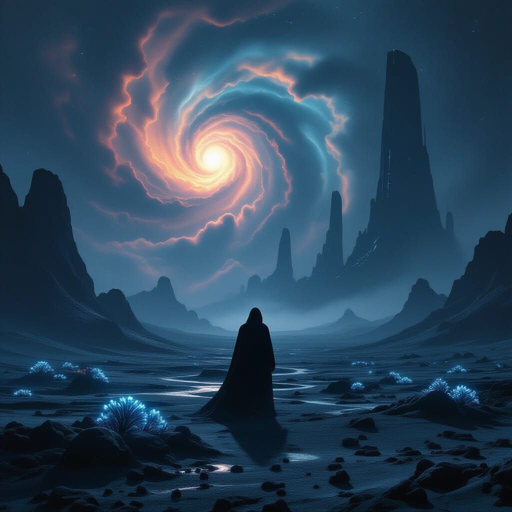 Alien Planet Figure Against Nebula: Photorealistic Sci-Fi