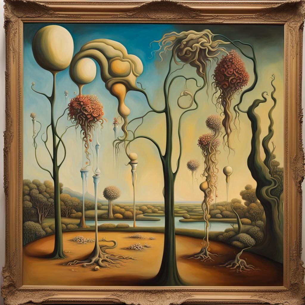 Surreal Garden in Dali Style, Oil on Canvas