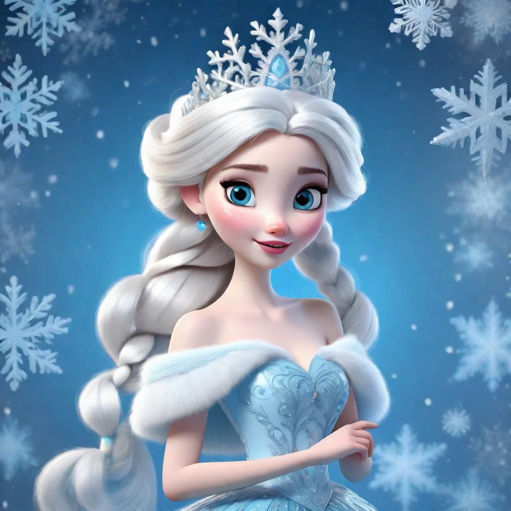 Disney Pixar style 3D beautiful snow frozen Princess, adult woman, long white hair, big pretty eyes, wearing a fancy blu...