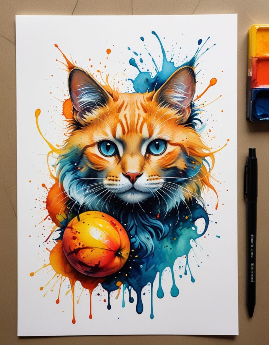 Vibrant Mango Cat Masterpiece in Watercolor