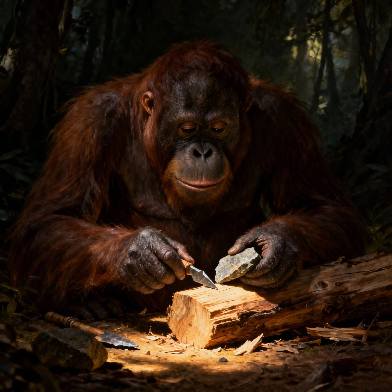 Orangutan Carves Wood with Stone Tools, Hyperrealistic Style