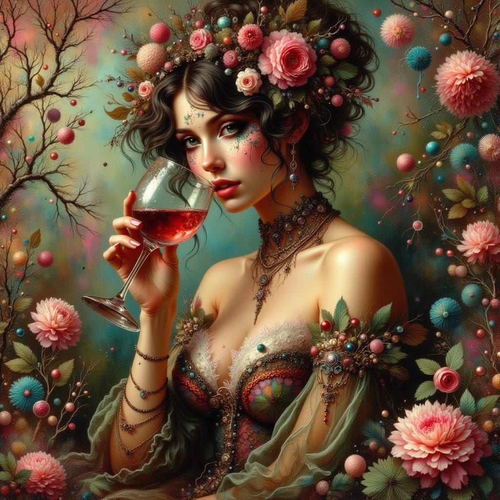 Ethereal Victorian Woman Sips Wine in a Whimsical Boudoir
