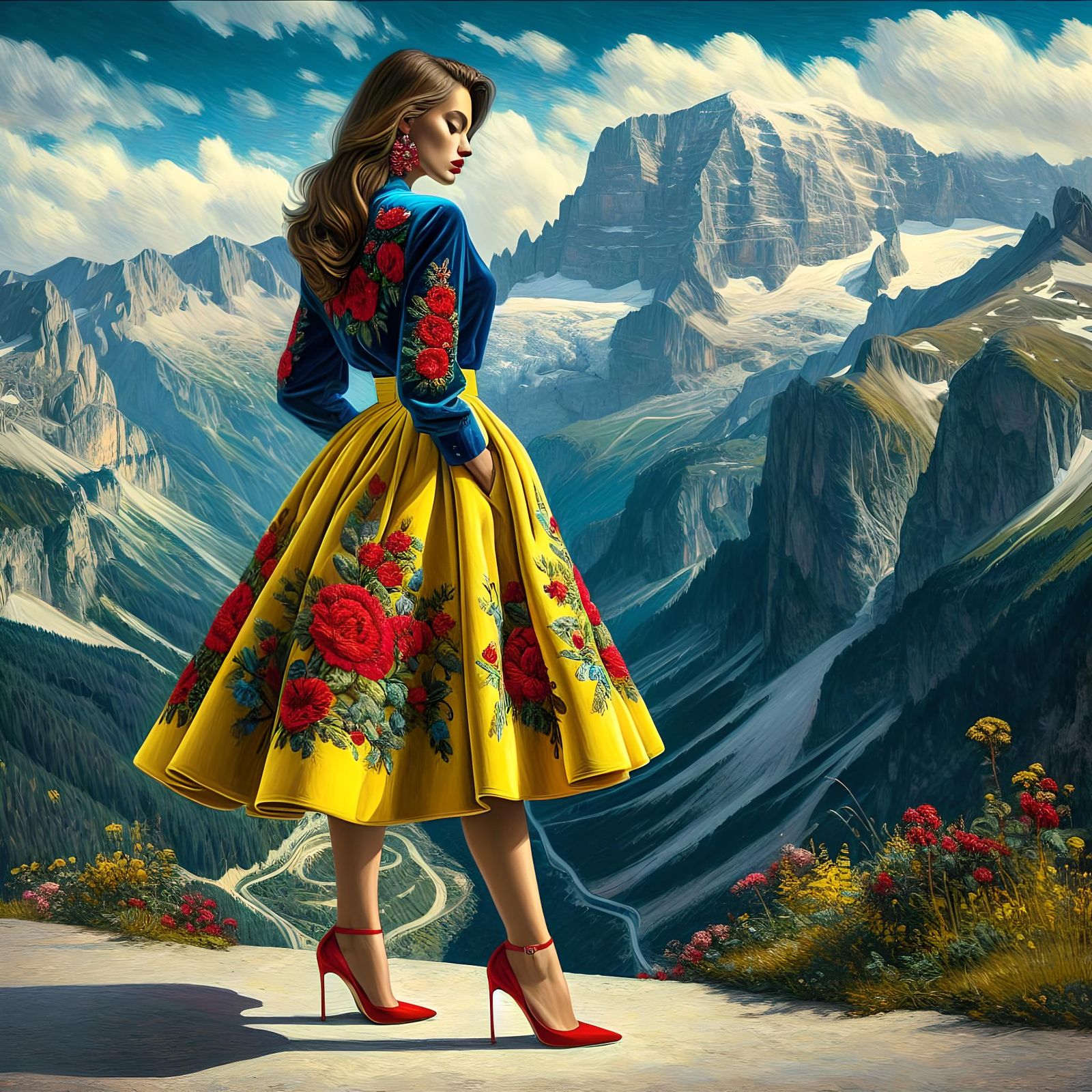 Woman in Andorran Flag Colors, Impressionist Style