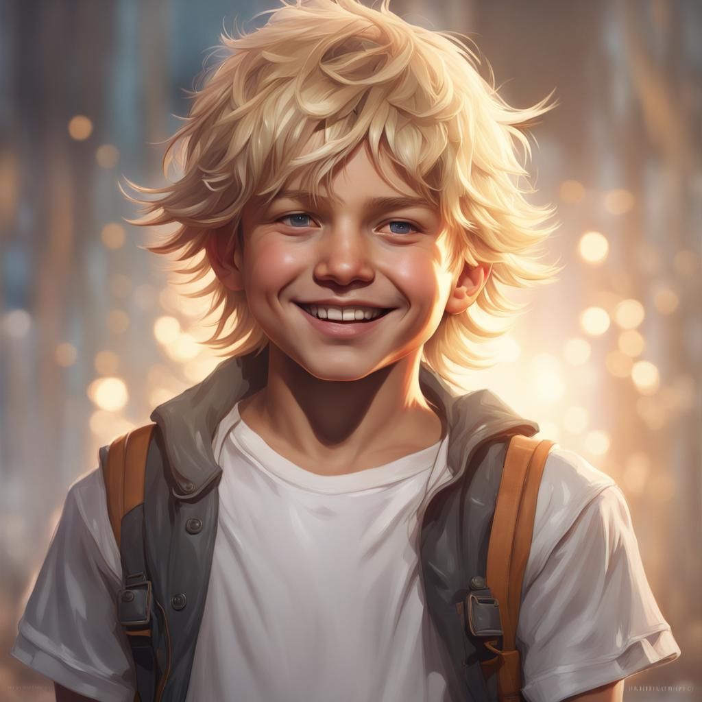 Smiling Blond Boy Portrait in Hyperrealistic Style