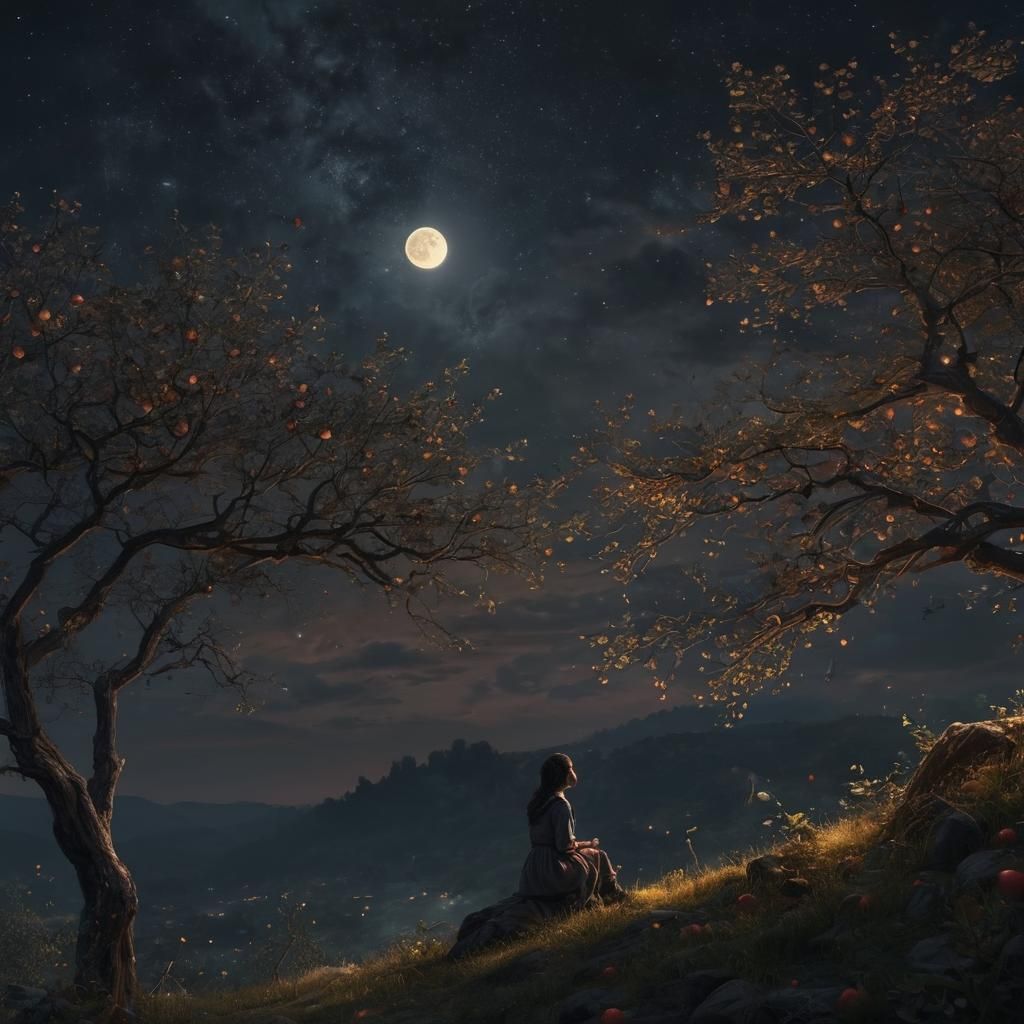 Majestic Girl Amidst Apple Orchards Under a Vibrant Moonlit...