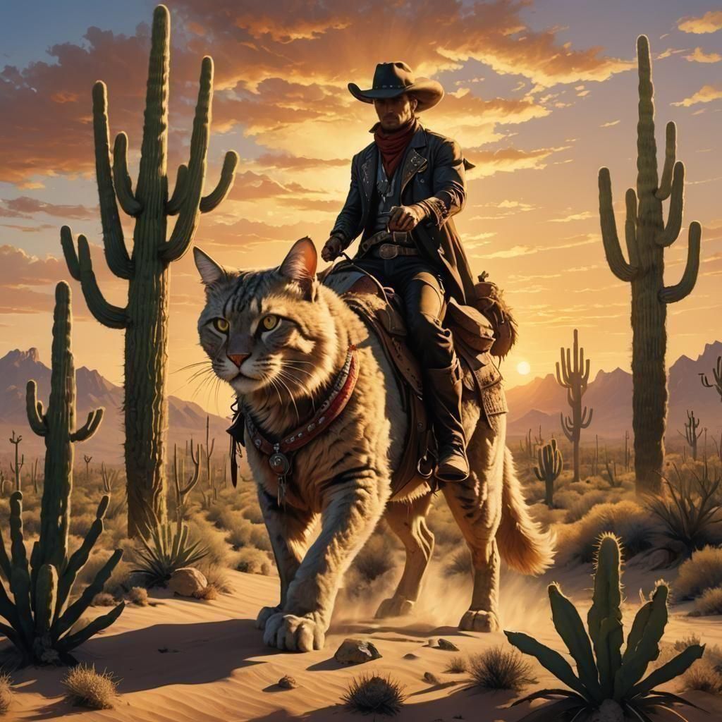 Cowboy Rides Giant Cat in Desert Sunset