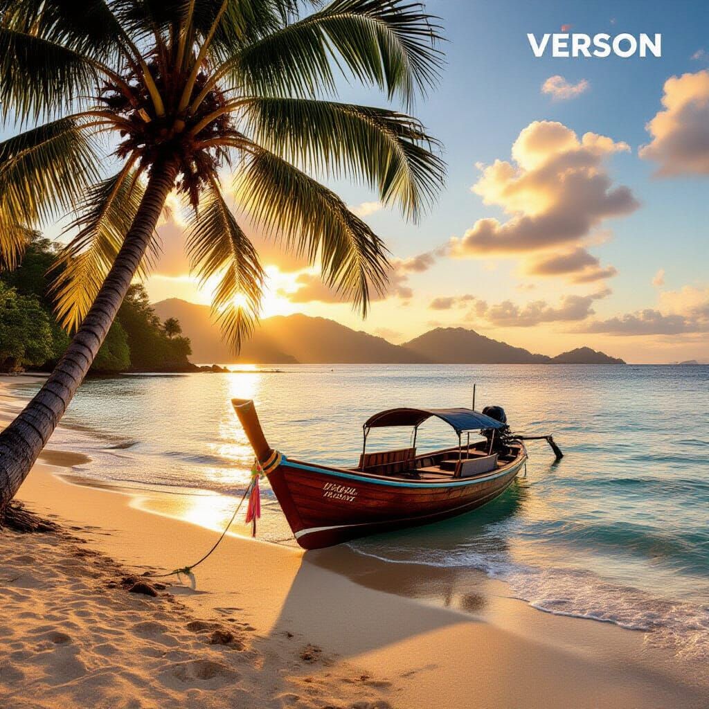 Serene Tropical Beach Sunset with Palm Tree and Boat