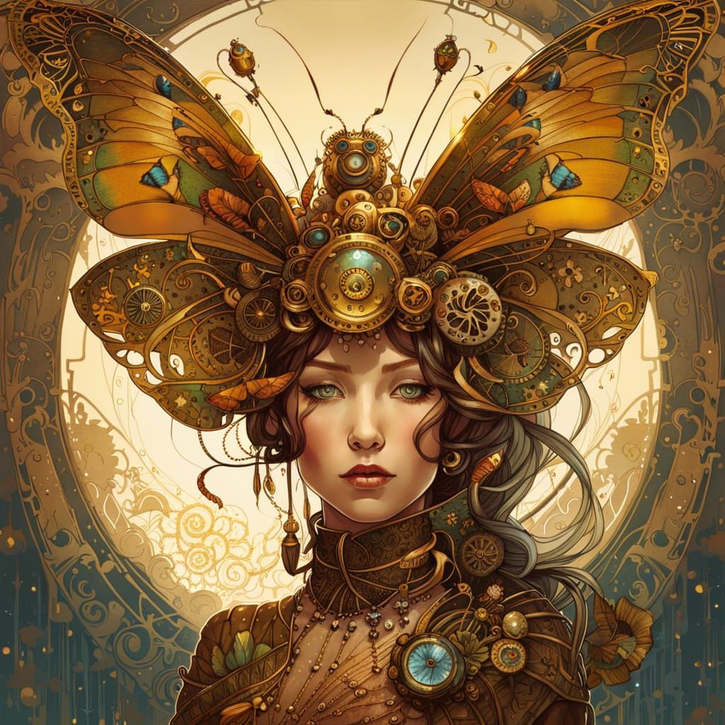 Steampunk Butterfly Princess with Golden Outlines