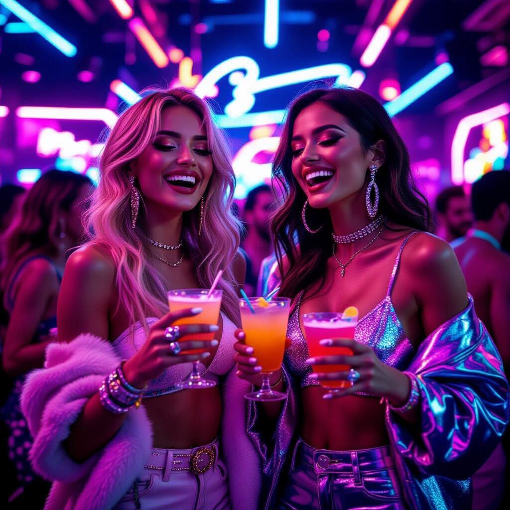 Friends Partying in a Nightclub with Neon Lights