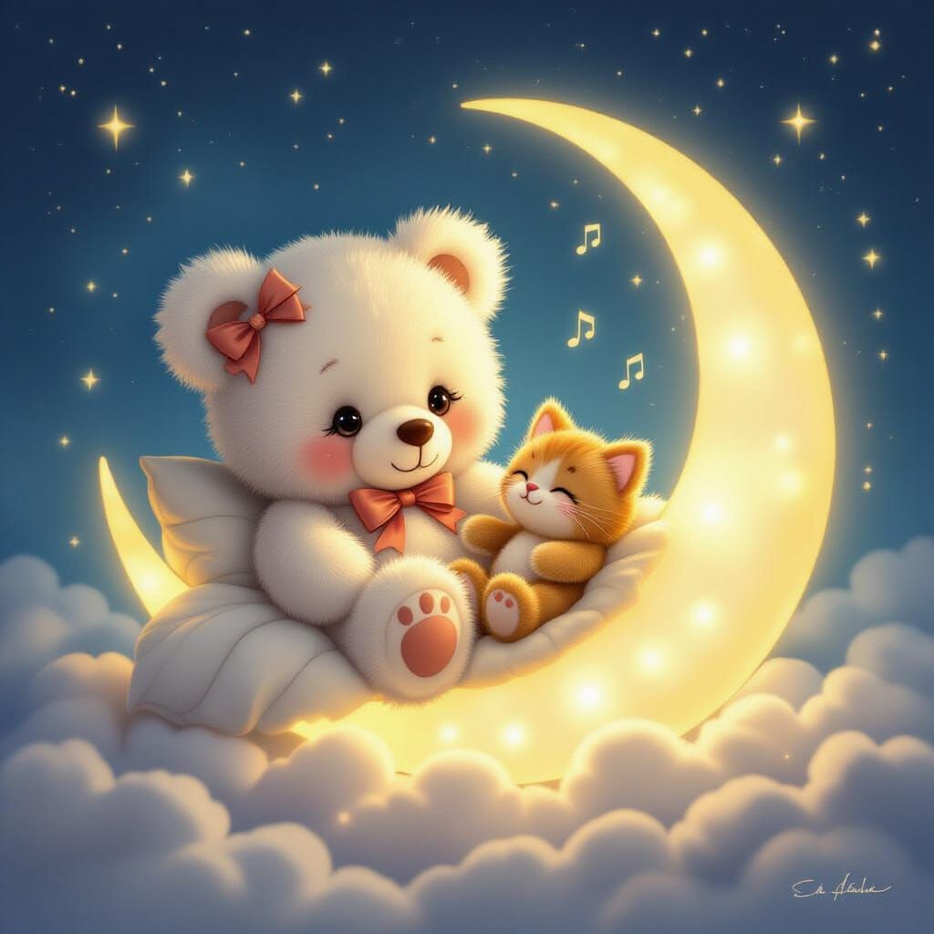 Teddy Bear on Moon with Kitten and Fairies