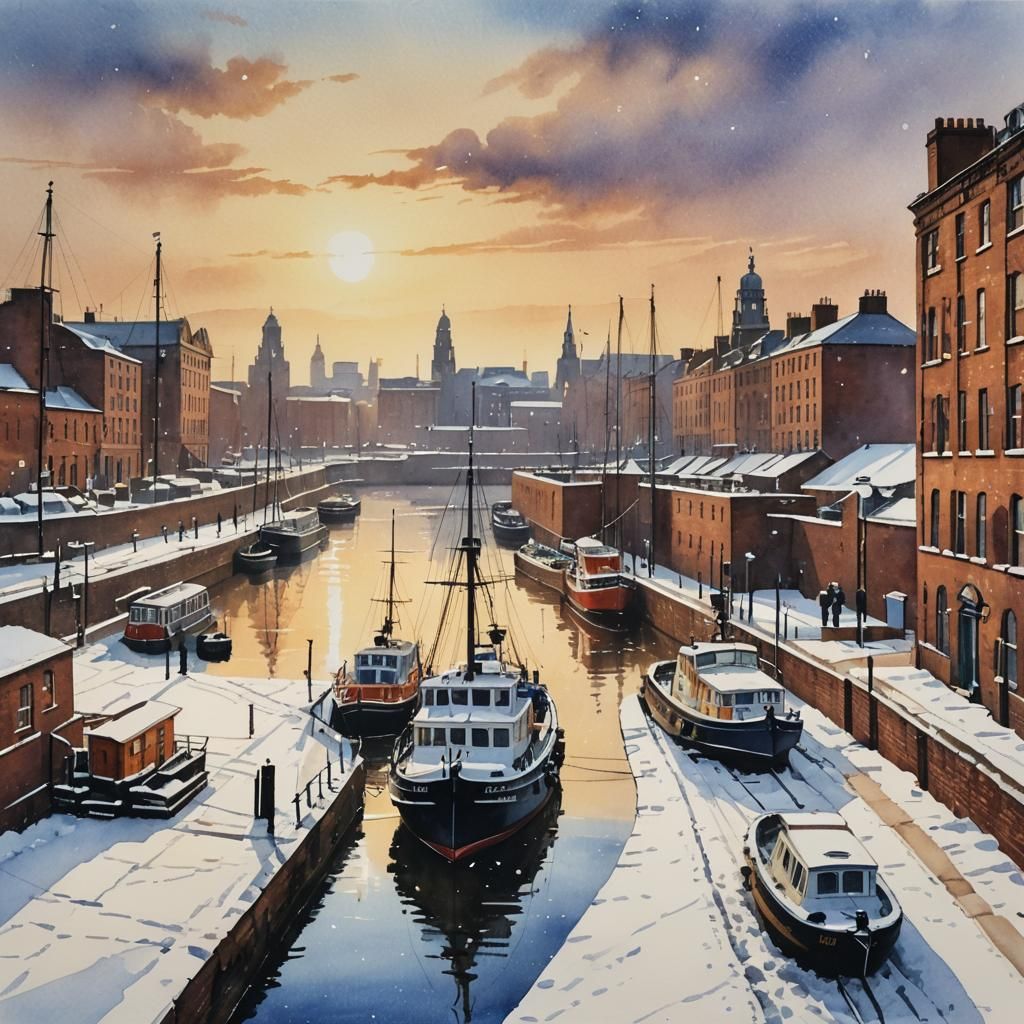 Snowy Winter Day in Liverpool's Albert Dock Watercolour
