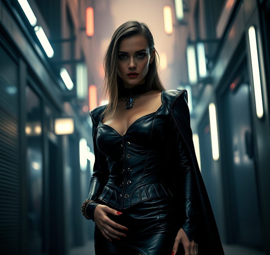 Gothic Cyberpunk Woman in Dark Cityscape