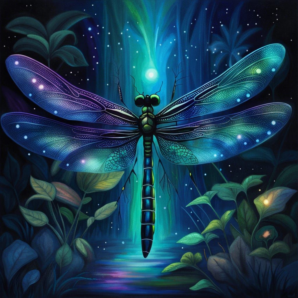 Dragonfly with Luminescent Wings in Fairy Land