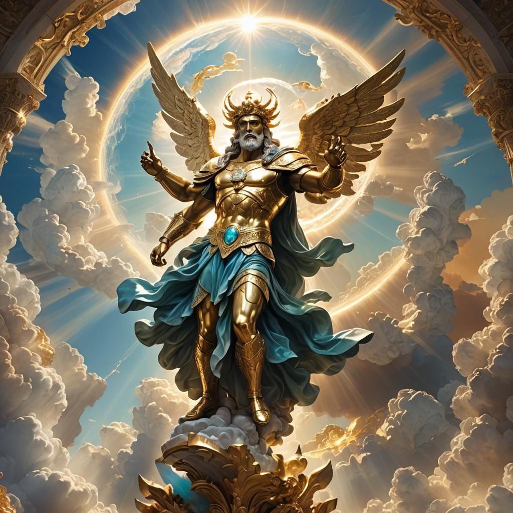 God of War Statue in Ornate Golden Sky
