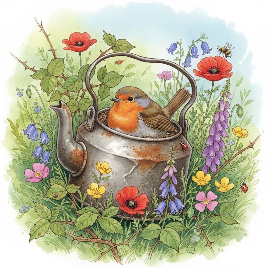 Robin's Kettle Home: A Watercolor Hedgerow Scene