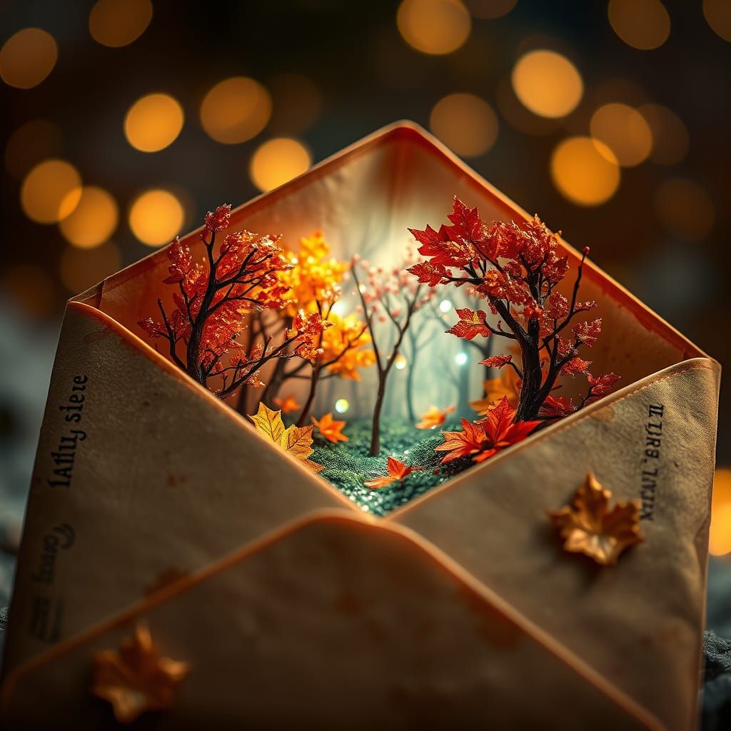 Vintage Envelope Opens to Glittering Autumn Forest Scene