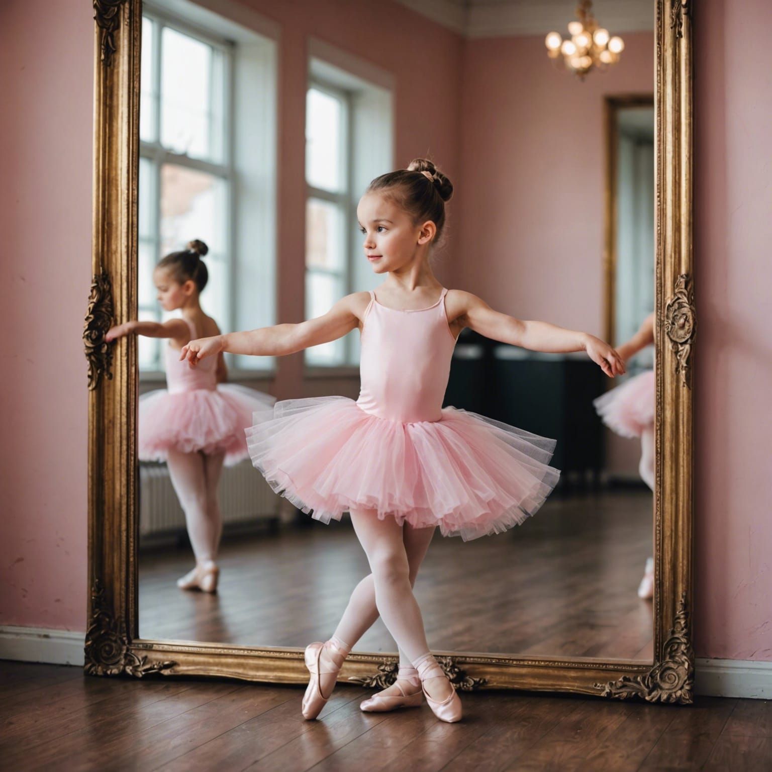 Ballerina in Pink Tutu Dancing Before a Mirror