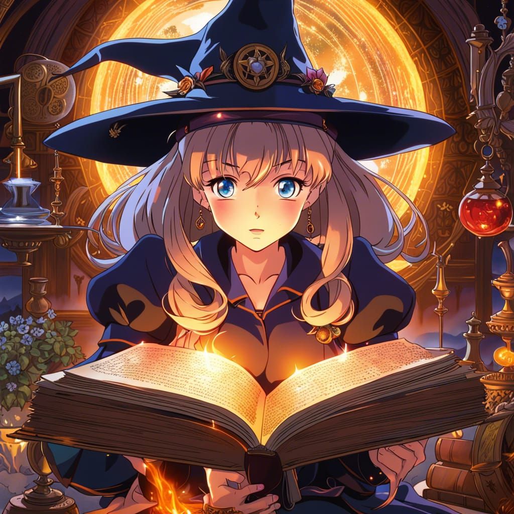 Anime Witch Reading Spells From Antique Book