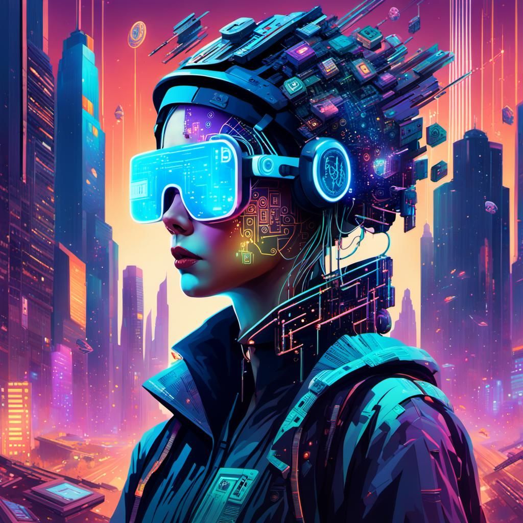 Cyberpunk Woman with Bitcoin Shades in Neon City