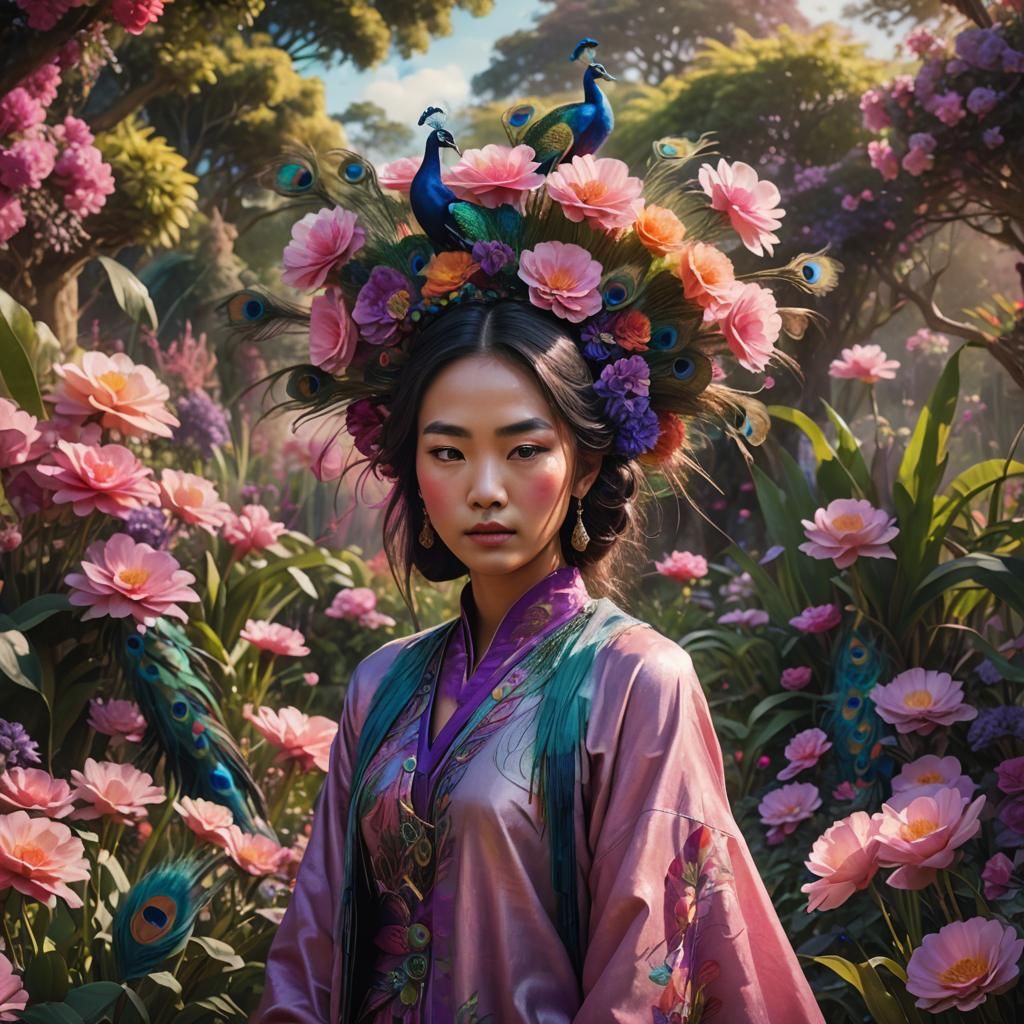 Rainbow Woman with Peacock Feathers: Oil Painting Style