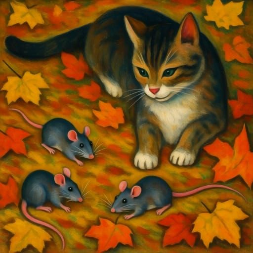 Cat Watches Mice Play in Autumn Leaves
