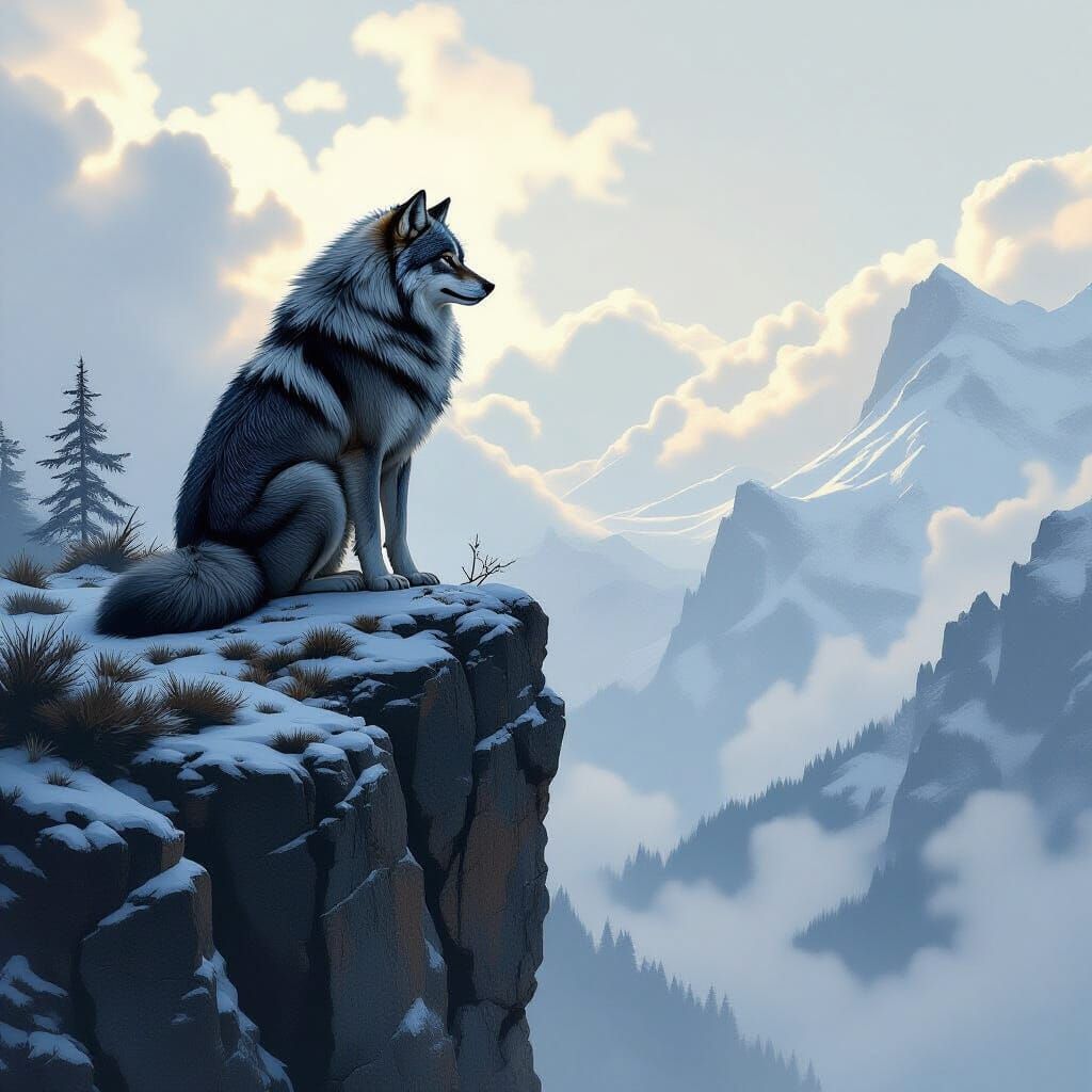 Majestic Wolf on Cliff in Atmospheric Lighting Style