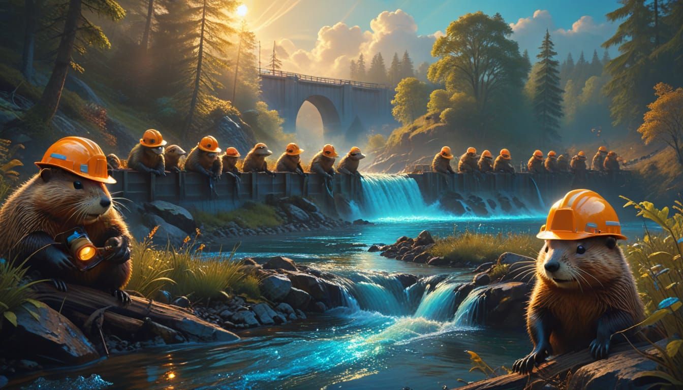 Beavers Build Dam in Surreal Digital Art Style