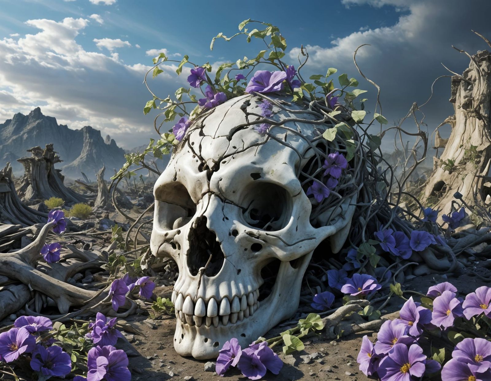 Hopeful Vines Bloom on Dinosaur Skull