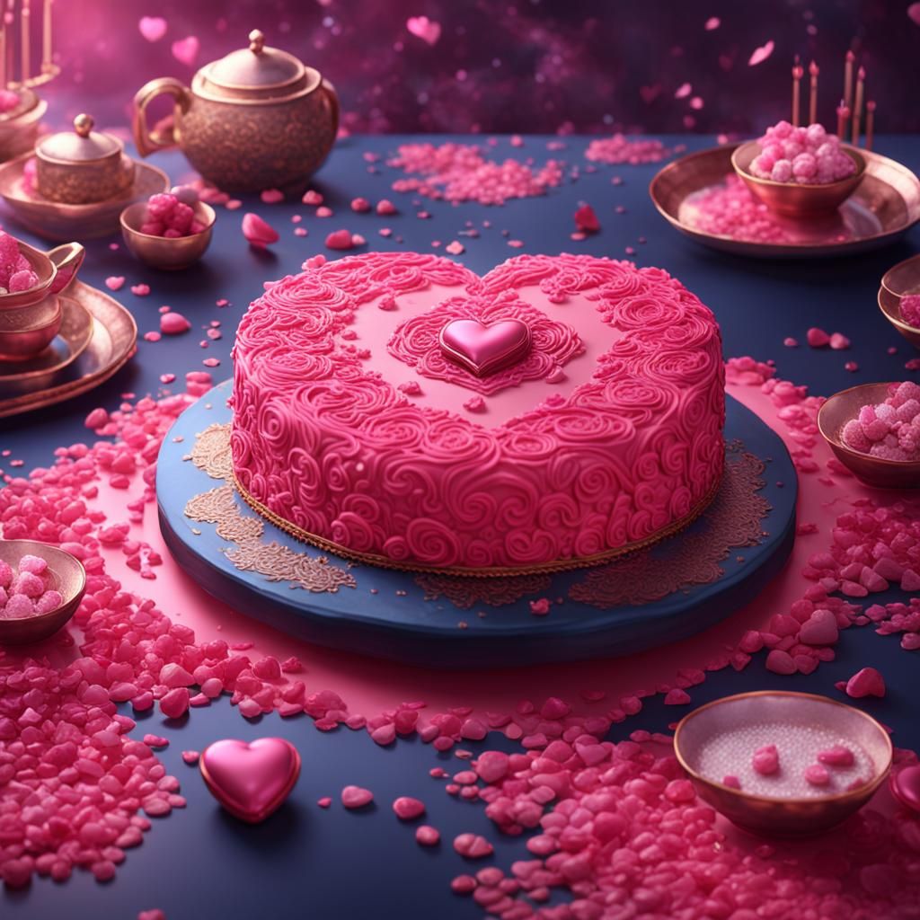 Oriental Dessert: Pink Heart Cake in Detailed Matte Painting
