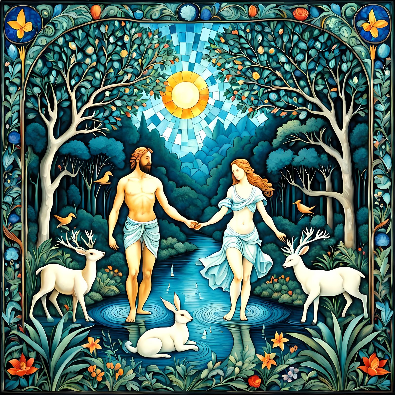 Adam and Eve in Vibrant Medieval Stained Glass