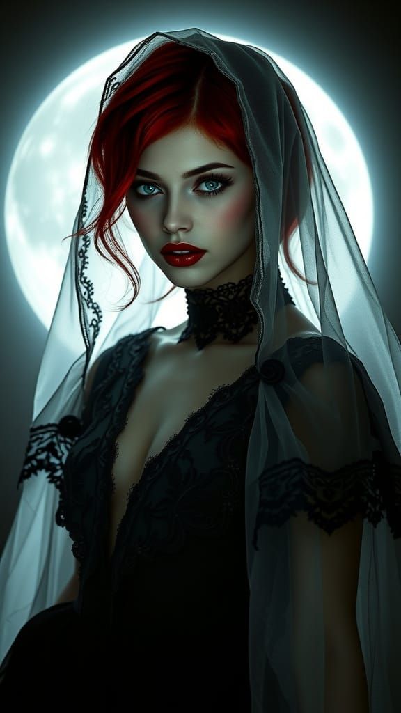 Mysterious, Raven-Haired Enchantress in Dark, Moonlit Veil