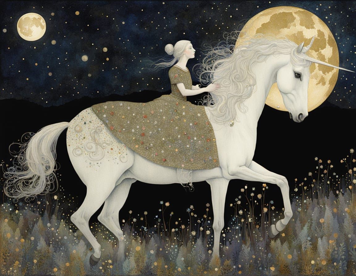 Ethereal White Unicorn in a Nocturnal Landscape