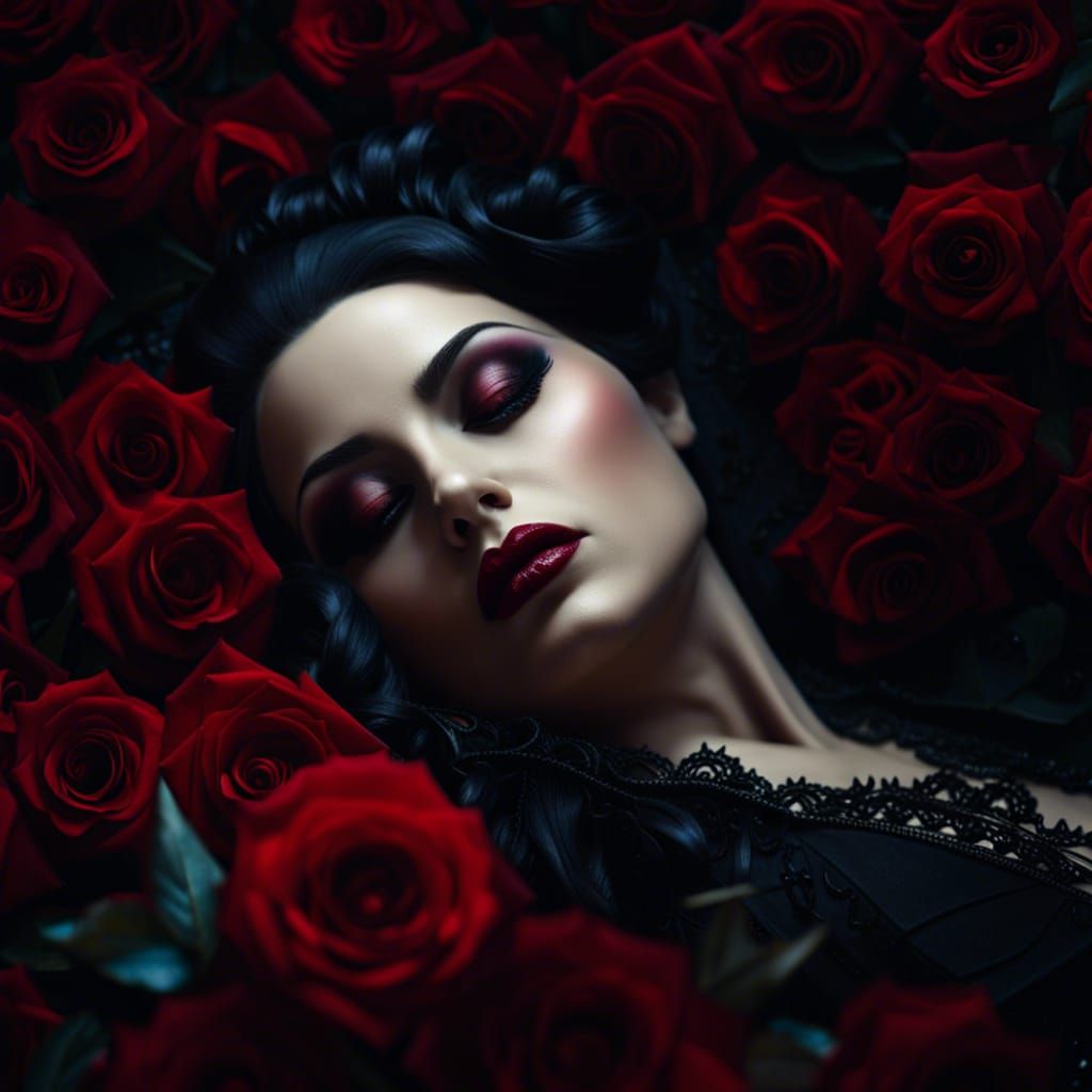 Gothic Vampire Queen in Crimson Roses, Hyperrealistic Photog...
