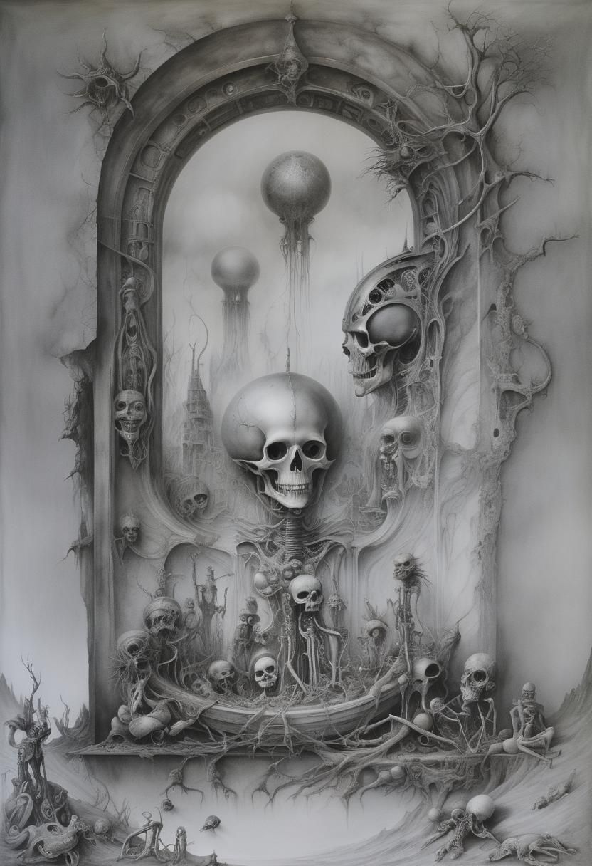 Surreal Post-Apocalyptic Wonderland Drawing in Art Nouveau S...