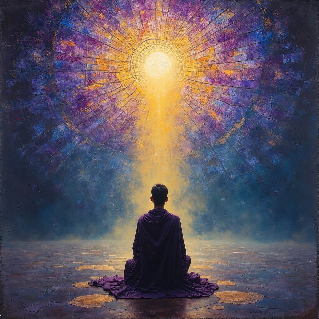 Meditating Figure Under Stained-Glass Dome, Painterly Realis...