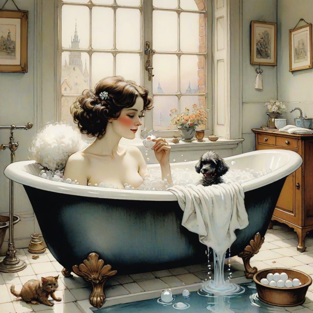 Cozy Sitz Bath Scene with Chocolate Poodle and White Cat