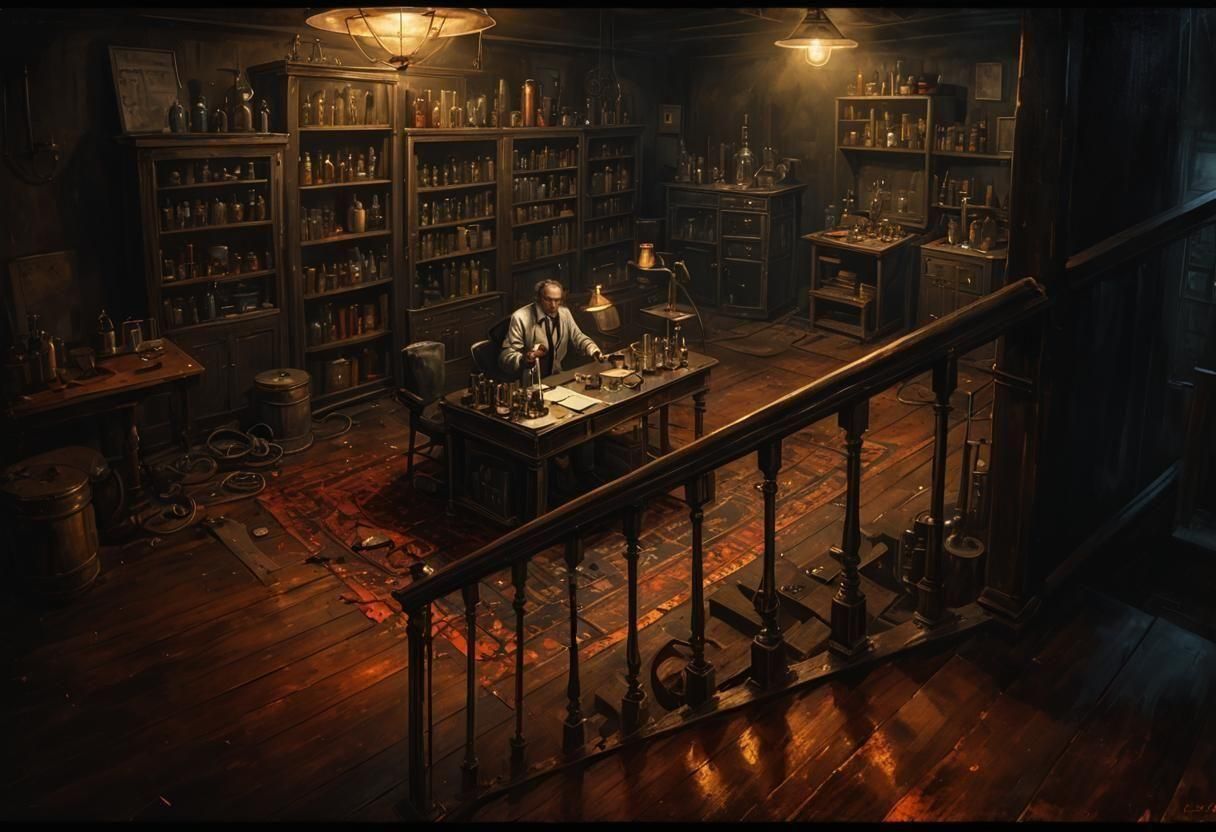 Noir Painting of a Scientist's Secret Lab