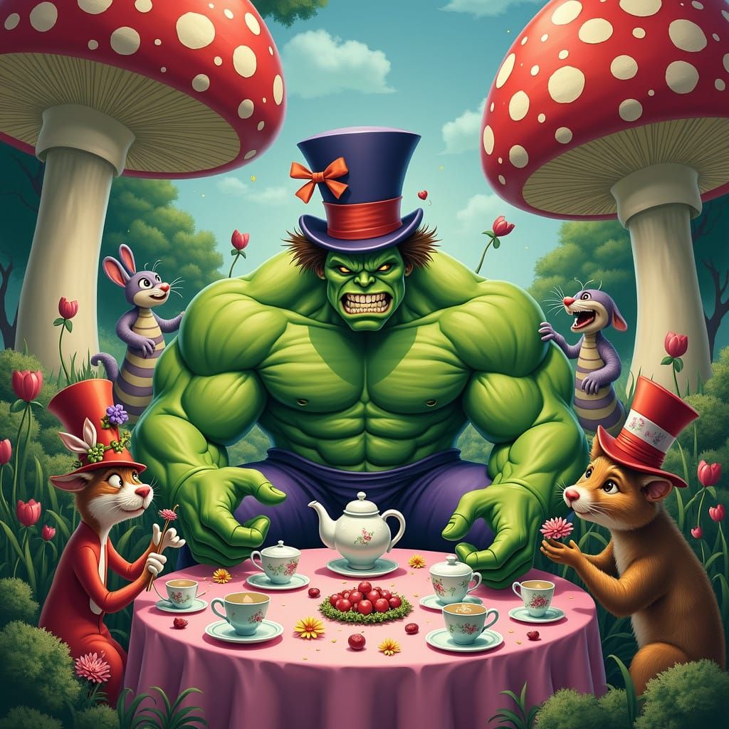 The Hulk at Whimsical Mad Hatter's Tea Party in Fantastical...